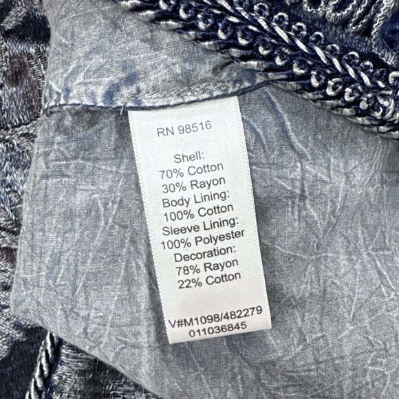 Coldwater Creek Distressed Satiny Velvet Brocade Open Front Jacket Blue Size L - Picture 8 of 9